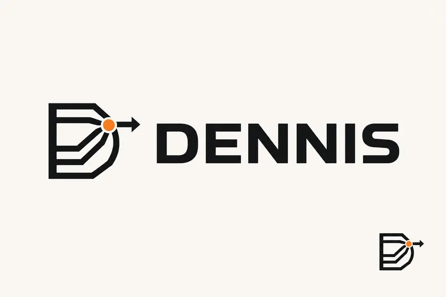 Logo DENNIS: chữ D, các tuyến hội tụ và điểm kiểm soát màu cam